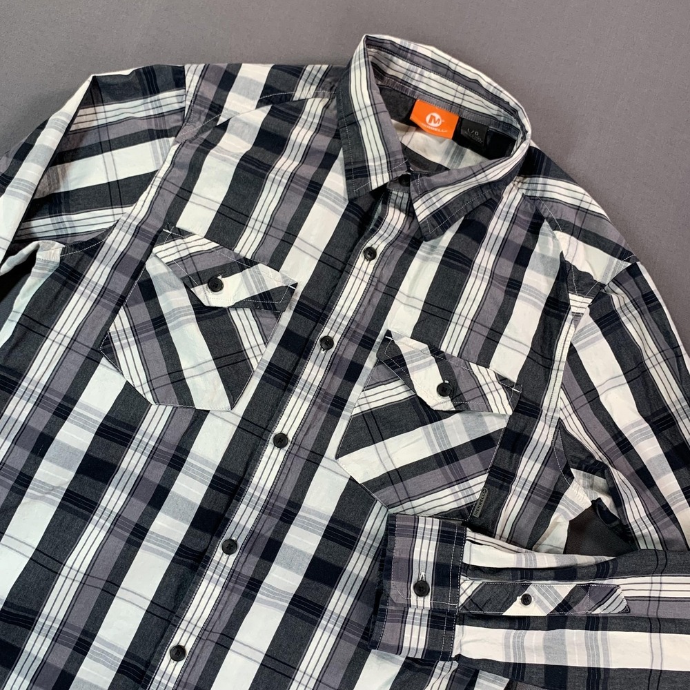 Merrell Shirt‎ Mens Large Gray Black Plaid Long Sleeve Button Up Cotton Casual
